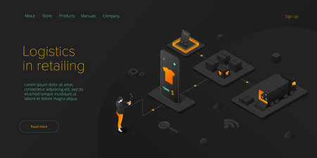 Online retail store transportation in isometric vector design. Shop delivery service and truck...