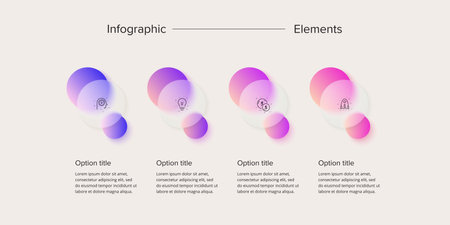 Business process chart infographics with 4 step circles. Circular corporate workflow graphic elements. Company flowchart presentation slide. Vector info graphic in glassmorphism design.のイラスト素材