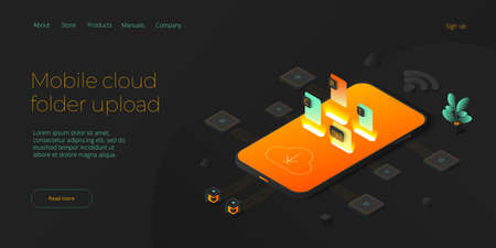 Cloud folder service in isometric vector illustration. Uploading documents in digital storage. Data transfering application. Web banner template.のイラスト素材
