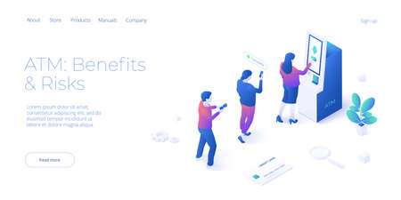 Queue near ATM machine in isometric vector design. Cash machine withdrawal or online money transfer. Internet banking smartphone pay. Website banner layout template.のイラスト素材