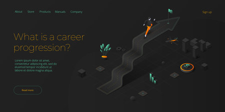 Career growth with young woman running to goal flag. Success or successful job development with businesswoman. Isometric vector illustration. Web banner layout template.のイラスト素材