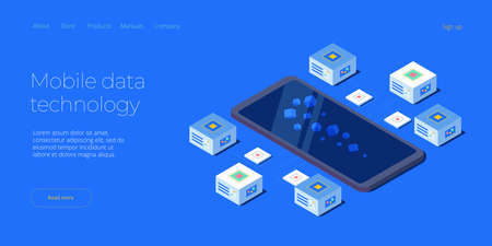 Mobile data processing technology in isometric vector illustration. Information storage and analysis system. Digital technology website landing page template.のイラスト素材