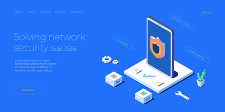 Mobile data security isometric vector illustration. Online payment protection system concept with smartphone and credit card. Secure bank transaction with password verification via internet.のイラスト素材