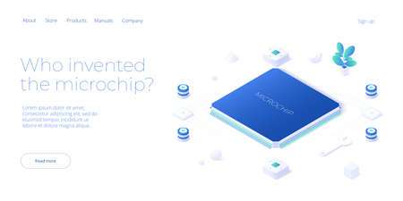 Microchip concept illustration in isometric vector design. Semiconductor or computer processor chip...