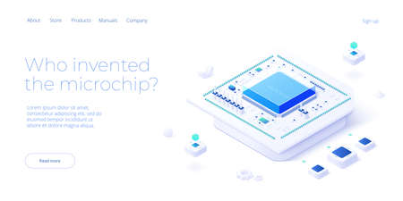 Microchip concept illustration in isometric vector design. Semiconductor or computer processor chip production. CPU hardware technology web banner layout.のイラスト素材