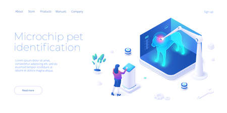 Pet microchip concept illustration in isometric vector design. Dog or animal tracking chip identification. Id implant scan technology web banner layout.のイラスト素材