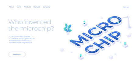 Microchip concept illustration in isometric vector design. Semiconductor or computer processor chip production. CPU hardware technology web banner layout.のイラスト素材