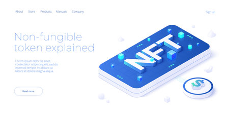 NFT abstract concept illustration in isometric design. Non-fungible token blockchain or marketplace. Futuristic crypto art technology web banner layout.のイラスト素材