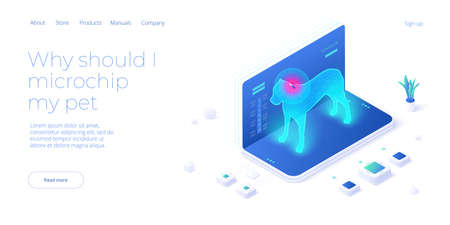 Pet microchip concept illustration in isometric vector design. Dog or animal tracking chip identification. Id implant scan technology web banner layout.のイラスト素材