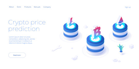 Cryptocoin mining farm layout. Cryptocurrency and blockchain network business isometric vector illustration. Cryptocurrency exchange or transaction process background.のイラスト素材
