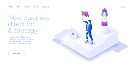 Business vision and mission vector illustration in isometric design. Strategy and corporate goal concept with lighthouse and superhero female. web banner layout.のイラスト素材