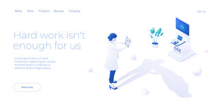 Female doctor superhero concept illustration in isometric vector design. Nurse hero as healthcare metaphor. Strong woman medic web banner layout.のイラスト素材