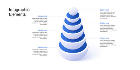 Business process chart infographics with 6 step spheres. Pyramid workflow graphic elements. Company flowchart presentation slide. Vector info graphic in isometric design.のイラスト素材