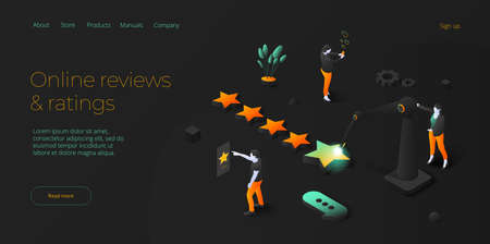 5 star positive feedback in social media. Customer survey as marketing service. Modern isometric vector illustration design. Web banner layout template for website.のイラスト素材