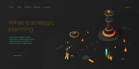Strategic planning vector illustration in isometric design. Business strategy analysis and vision concept with queen chess piece. Web banner layout.のイラスト素材