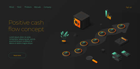 Cash flow or cashflow vector illustration in isometric design. Money management or financial plan concept with safe and graph. Web banner layout.のイラスト素材
