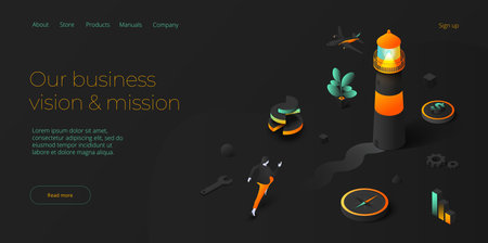 Business vision and mission vector illustration in isometric design. Strategy and corporate goal concept with lighthouse and running female. Web banner layout.のイラスト素材