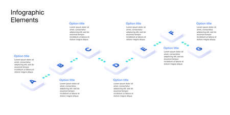 Business process chart infographics with 7 step cubes. Cubic corporate workflow graphic elements. Company flowchart presentation slide. Vector info graphic in isometric design.のイラスト素材