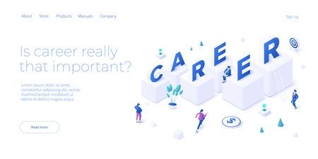 Career growth ladder in isometric vector design. Business stairs as a way to success. businesswoman challenges and opportunities. Professional manager striving to job upgradeのイラスト素材