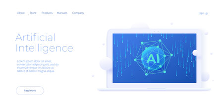 Artificial intelligence or neural network concept in isometric vector illustration. Neuronet or ai technology background with data screens and cloud connection. web banner templateのイラスト素材