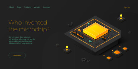 Microchip concept illustration in isometric vector design. Semiconductor or computer processor chip production. CPU hardware technology web banner layout.のイラスト素材