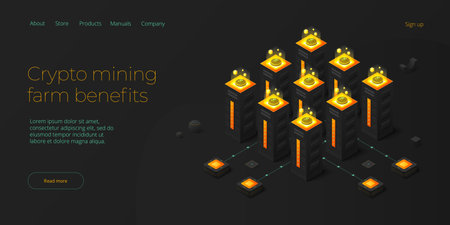 Cryptocoin mining farm layout. Cryptocurrency and blockchain network business isometric vector illustration. Cryptocurrency exchange or transaction process background.のイラスト素材