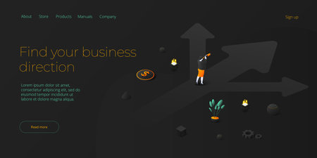 Businesswoman choosing successful direction on crossroad. Business decision challenge concept in isometric vector design. Achieving financial goal metaphorのイラスト素材