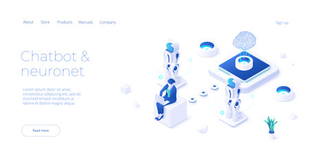 Chatbot or artificial intelligence network concept in isometric vector illustration. Neuronet or ai technology background with robot head and connections of neurons. web banner templateのイラスト素材