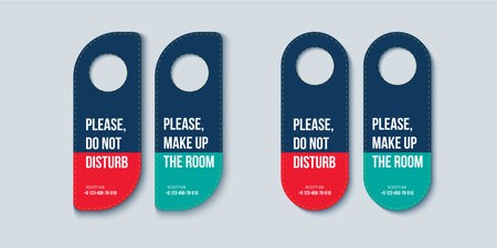 Hotel door hanger design for handle or knob. Do not disturb, please service or clean room doorhanger template. Vector die cutting inform sign.のイラスト素材