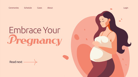 Pregnancy concept in flat vector design. Happy pregnant woman holding her belly. Motherhood illustration, beautiful elegant young mom and child. web banner templateのイラスト素材