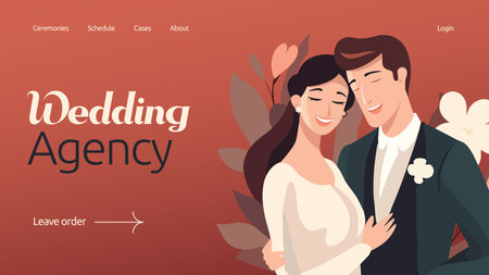 Marriage or wedding concept in flat vector design. Bride with flowers and groom just married illustration. Save the date web banner.のイラスト素材