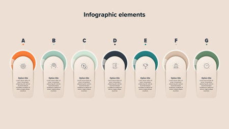 Business process chart infographics with 7 step circles. Round workflow graphic elements. Company flowchart presentation slide. Vector info graphic in flat designのイラスト素材