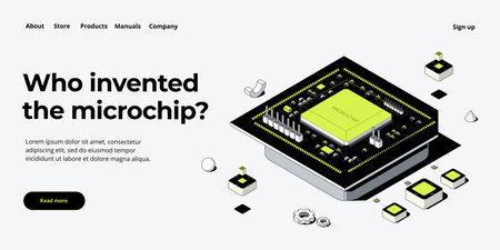 Microchip concept illustration in isometric vector design. Semiconductor or computer processor chip production. CPU hardware technology web banner layout.のイラスト素材