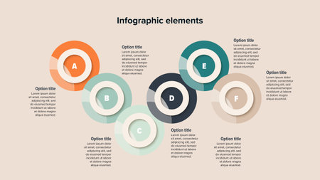 Business process chart infographics with 6 step circles. Round workflow graphic elements. Company flowchart presentation slide. Vector info graphic in flat designのイラスト素材