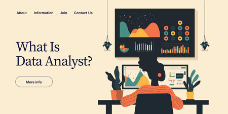 Female data analyst vector illustration in flat design. Analysis or analytics of statistics. Woman working on research or report. Specialist in front of crm platform dashboardのイラスト素材