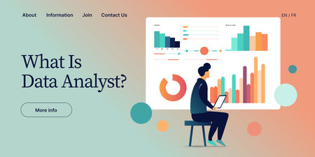 Male data analyst vector illustration in flat design. Analysis or analytics of statistics. Man working on research or report. Specialist in front of crm platform dashboardのイラスト素材