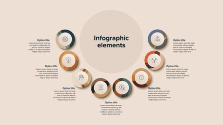 Business process chart infographics with 8 step circles. Round workflow graphic elements. Company flowchart presentation slide. Vector info graphic in flat designのイラスト素材