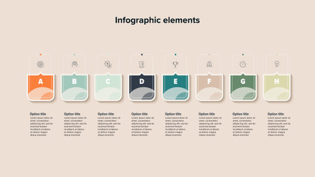 Business process chart infographics with 8 step squares. Rectangular workflow graphic elements. Company flowchart presentation slide. Vector info graphic in flat designのイラスト素材