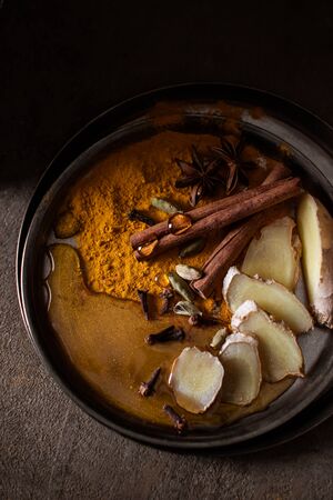 Ingredients for Golden Milk with Turmeric. Healthy drink. Caring for immunity.の写真素材