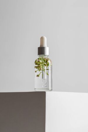 Glass transparent bottle with serum and flowers with a pipette for skin care on a light background. Cosmetics with natural ingredients. The concept of health and beauty. minimalismの写真素材