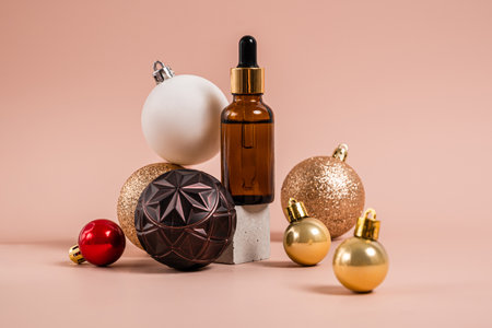 Christmas minimalistic composition with brown glass serum bottle on pastel background with golden balls. A Christmas gift. Health and beauty concept.の写真素材