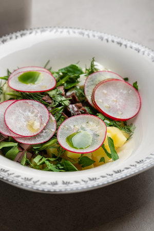 Traditional cold Russian okroshka soup close-up. A mix of beef, vegetables, herbs, eggs and kvass. Restaurant servingの写真素材