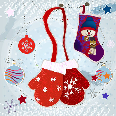 Vintage illustration of beautiful christmas mittens, sock  and ballsのイラスト素材