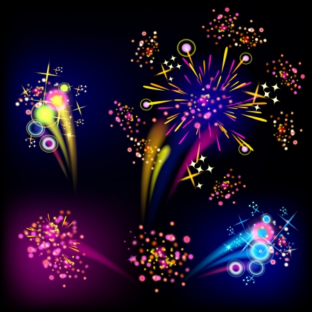 Colorful Vector Fireworks and Salute - isolated on black backgroundのイラスト素材