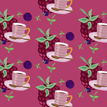 Beautiful rosy pattern with teacups and berries
