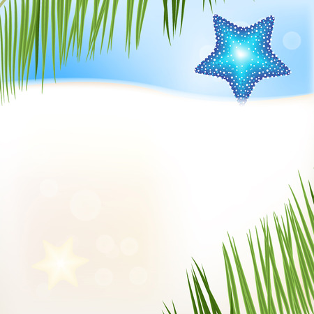 Vector beach background with starfish and palm leavesのイラスト素材
