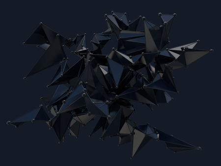Abstract 3d rendering of chaotic plexus surface. Dark background with futuristic polygonal shape. Distorted low poly object with sharp lines.の写真素材
