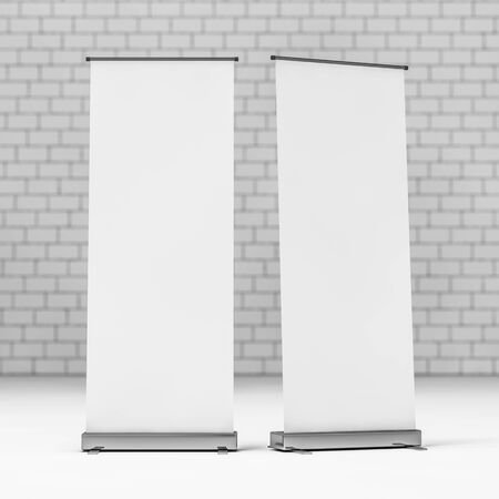 Blank Roll Up Banner on white background. 3D renderingの写真素材