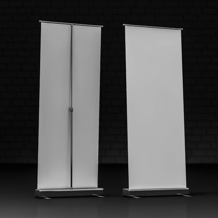 Blank Roll Up Banner on black background. 3D renderingの写真素材