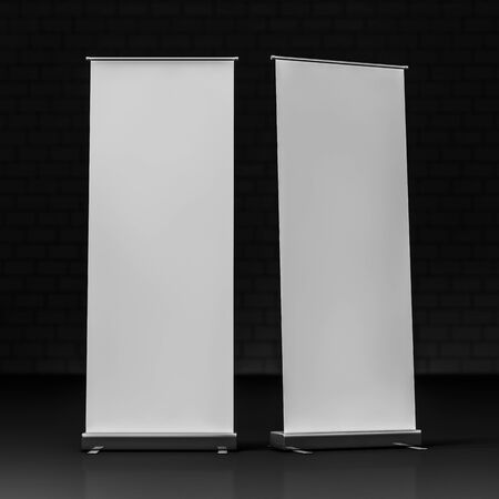 Blank Roll Up Banner on black background. 3D renderingの写真素材